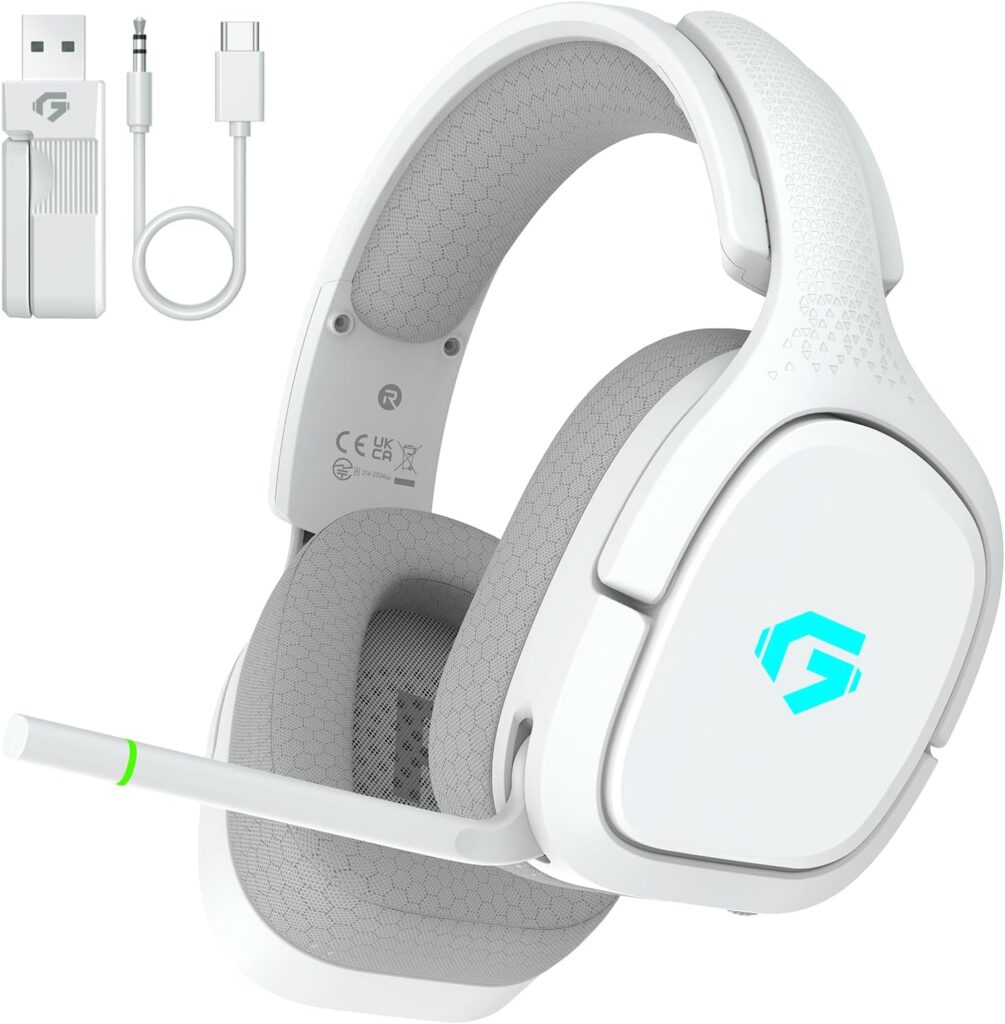 2.4GHz Wireless Gaming Headsets for PS5, PS4, PC, Switch – Bluetooth 5.4 Gaming Headphones with Noise Canceling Mic, Low Latency Connection, 3D Immersive Surround Sound, 30H Battery, White