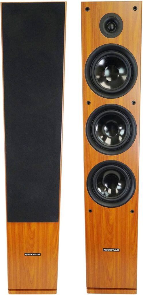Rockville RockTower 68C Passive Tower Speaker, 8 Ohm, Classic Wood Grain, 500W Peak, 3-Way, Dual 6.5″, MDF Cabinet, Detachable Grille, for Home Audio, 2-Piece