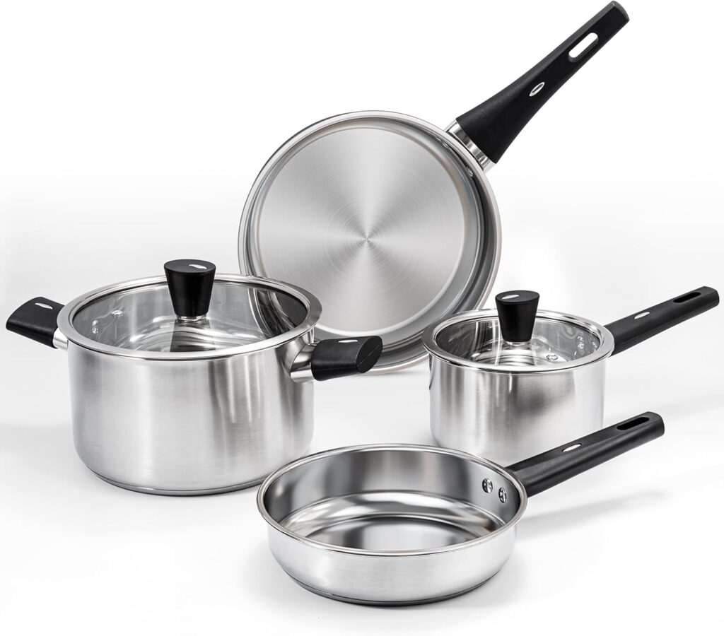 6-Piece Stainless Steel Pots and Pans Set, Kitchen Cookware Set with Stay-Cool Handles Compatible with Gas, Electric & Induction, Dishwasher Safe, Non-Toxic & Durable for Everyday Cooking
