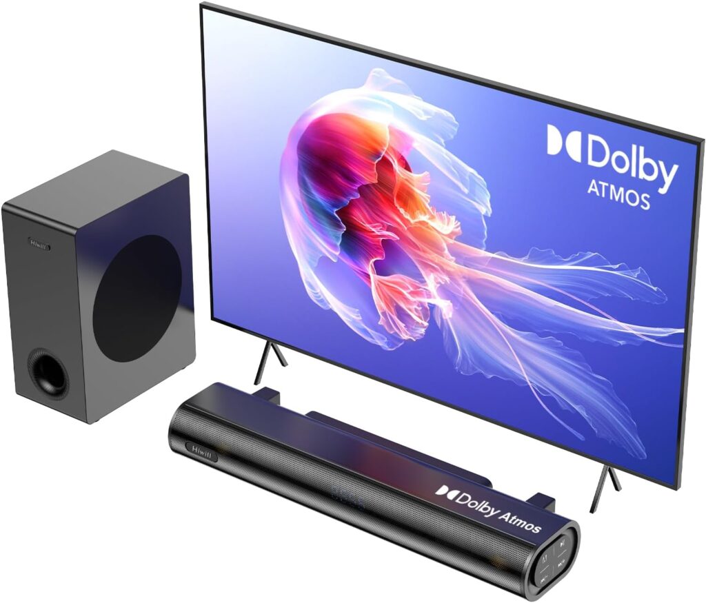Hiwill 2.1ch Sound Bar for Smart tv, 250W Dolby Atmos Surround Sound System for TV, Sound bar with subwoofers, Home Theater Soundbar for TV, Adjustable Mode, Clear Dialogue, HDMI/eARC/ARC/Opt/BT/AUX