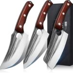 Kitchen Knife Set, Hand Forged Chef Knife Set with Full Tang Wood Handle, High Carbon Steel Butcher Knife Set for Meat Cutting Cleaver Knife Set for Vegetables Camping BBQ Ideal Gifts