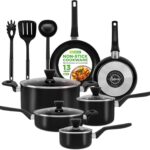 NutriChef 13-Piece Nonstick Cookware – Heat Resistant Kitchen Ware Set w/Saucepan, Frying Pans, Cooking Pots, Casserole, Lids, Ladle, Fork, Strainer – NCCWA13, Black