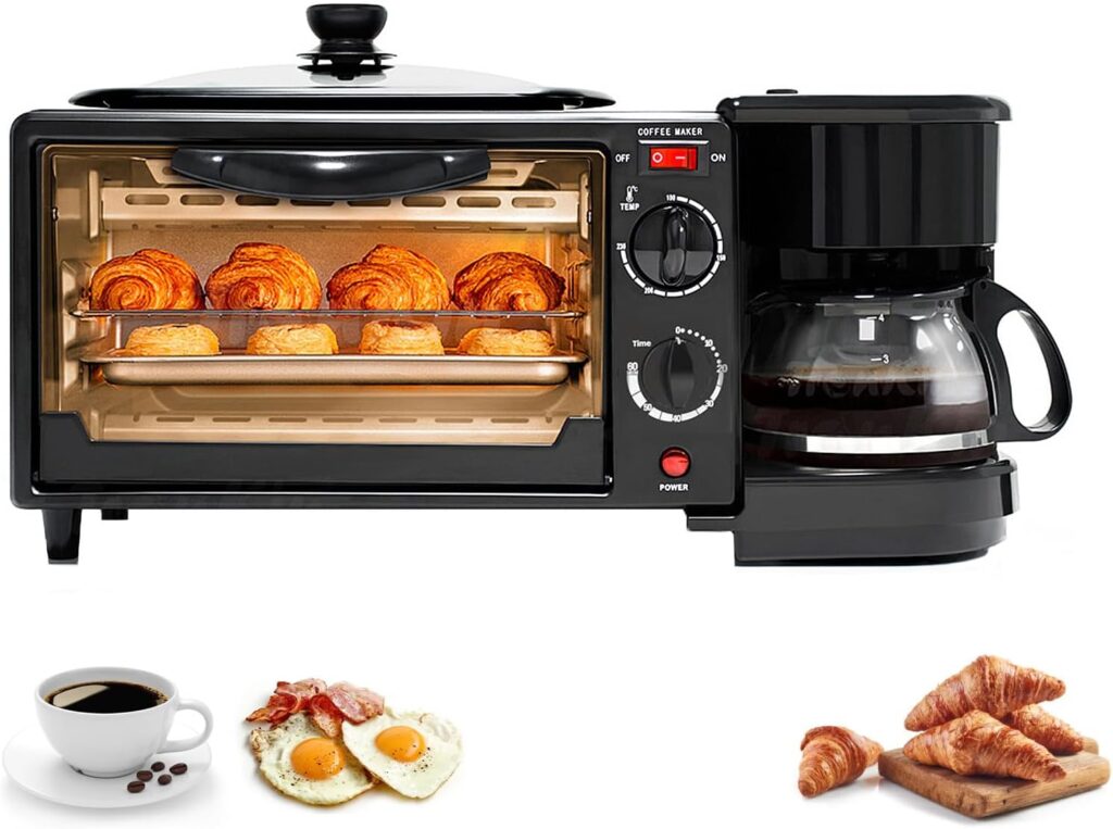 3-In-1 Breakfast Station, Portable Breakfast Maker with Non-Stick Griddle, Coffee Maker, and 4-Slice Toaster Oven, Cooking Gadgets for Bread Toast Coffee Egg Sandwich Bacon Sausages, Black