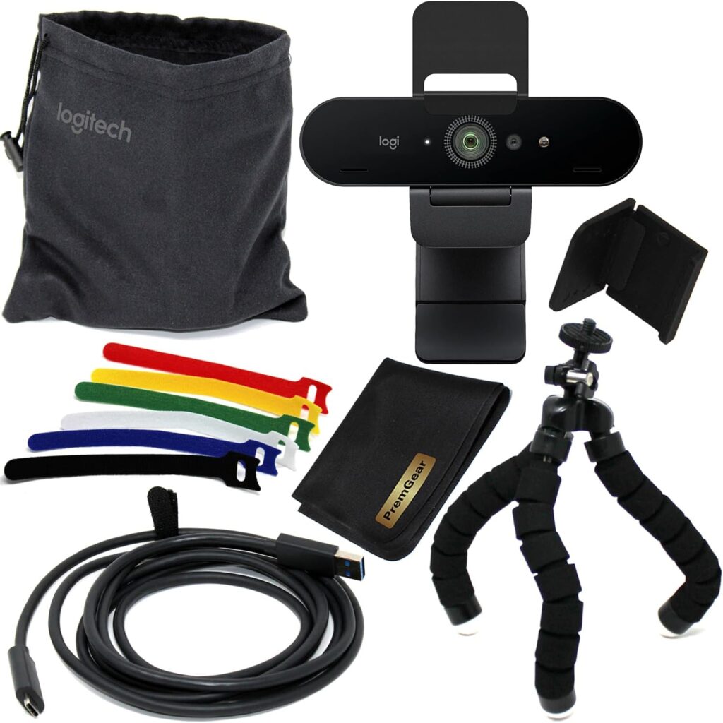 Logitech Brio Ultra 4K HD Pro Webcam for PC & Laptop, for Video Meating & Gaming with Noise-Canceling Microphone, Camera Lens Cover, Pouch + PremGear Flexible Tripod, Cord Organizer Ties & Cloth