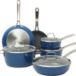 Sur La Table Kitchen Essentials Cool Commune Hard Anodized 10 Piece PFA Free Ceramic Non stick Interior Forged Durable Aluminum Pots and Pans Cookware Set – Blue – Induction Compatible