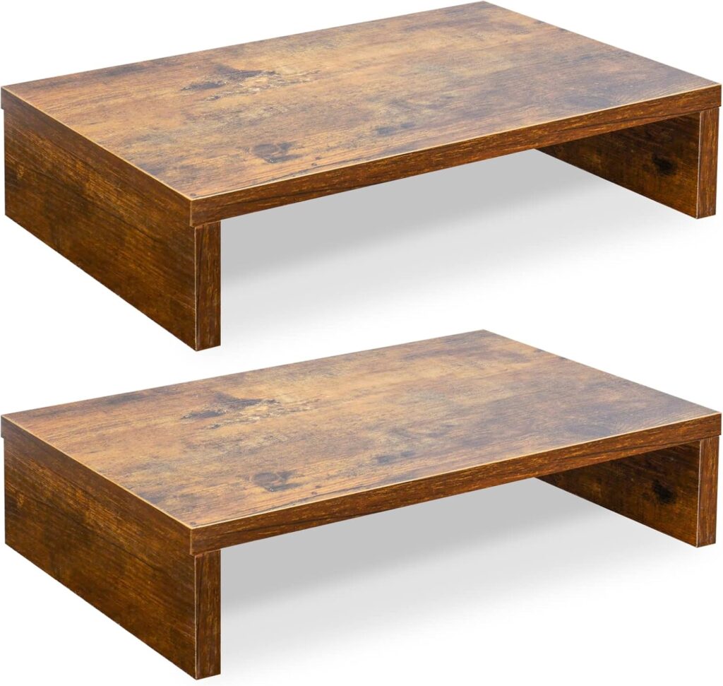TEAMIX Monitor Riser – 2 Pack, Rustic Brown Wood Adjustable Stand for 2 Monitors/Laptop/PC