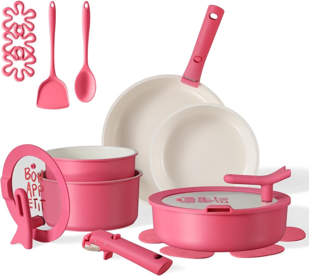 CAROTE 18Pcs Ceramic Cookware Set with Detachable Handle, Pots and Pans Set Non Stick, Non Toxic Kitchen Cooking Sets with Stand-Up Lid, PFAS and PFOA Free, Oven Safe, Induction Ready, Pink