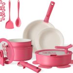 CAROTE 18Pcs Ceramic Cookware Set with Detachable Handle, Pots and Pans Set Non Stick, Non Toxic Kitchen Cooking Sets with Stand-Up Lid, PFAS and PFOA Free, Oven Safe, Induction Ready, Pink