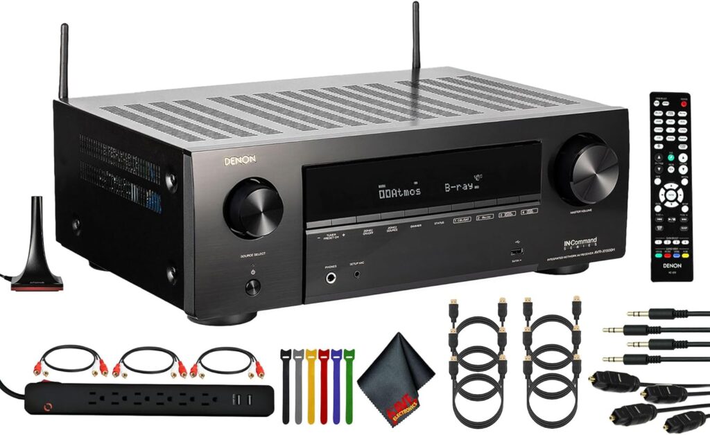 Denon X-Series AVR-X1800H 7.2-Channel Network A/V Receiver Bundle Including: Surge Protector, 3X RCA Cable, 6X HDMI Cable, 2X Auxiliary Cable, Cable Ties, Cleaning Kit, More Accessories