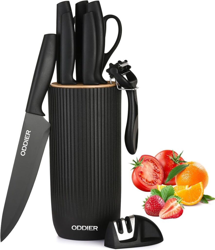 Knife Set, 10 Piece Kitchen Knife Set with Block and Sharpener, Anti-Rust Stainless Steel Knives Set for Kitchen, Chef Universal Knife Block Set, Dishwasher Safe, Ergonomical Design, Black