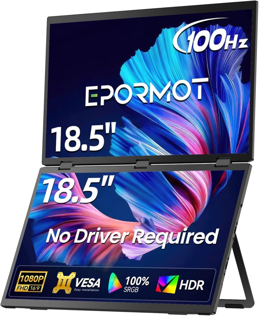 Portable Dual Monitor 18.5″ 100Hz FHD 1080P Stacked Monitor, Dual Vertical Displays for Coding/Gaming/Trading, USB-C Mini HDMI Laptop Screen Extender(No Driver Needed)