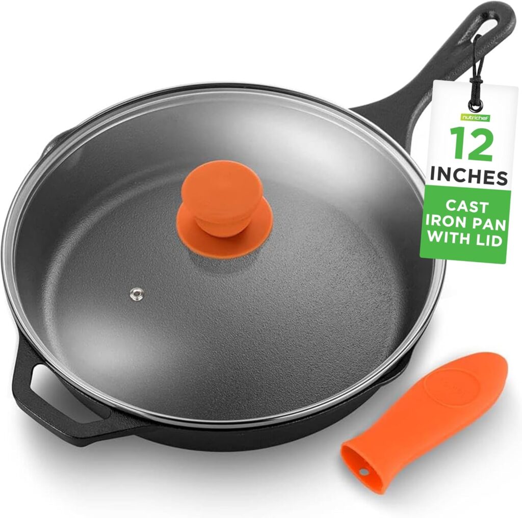 NutriChef 12-Inch Cast Iron Skillet w/Lid – Pre-Seasoned, Oven Safe, Nonstick, Cool-Touch Silicone Handle, For All Cooktops – NCCI12