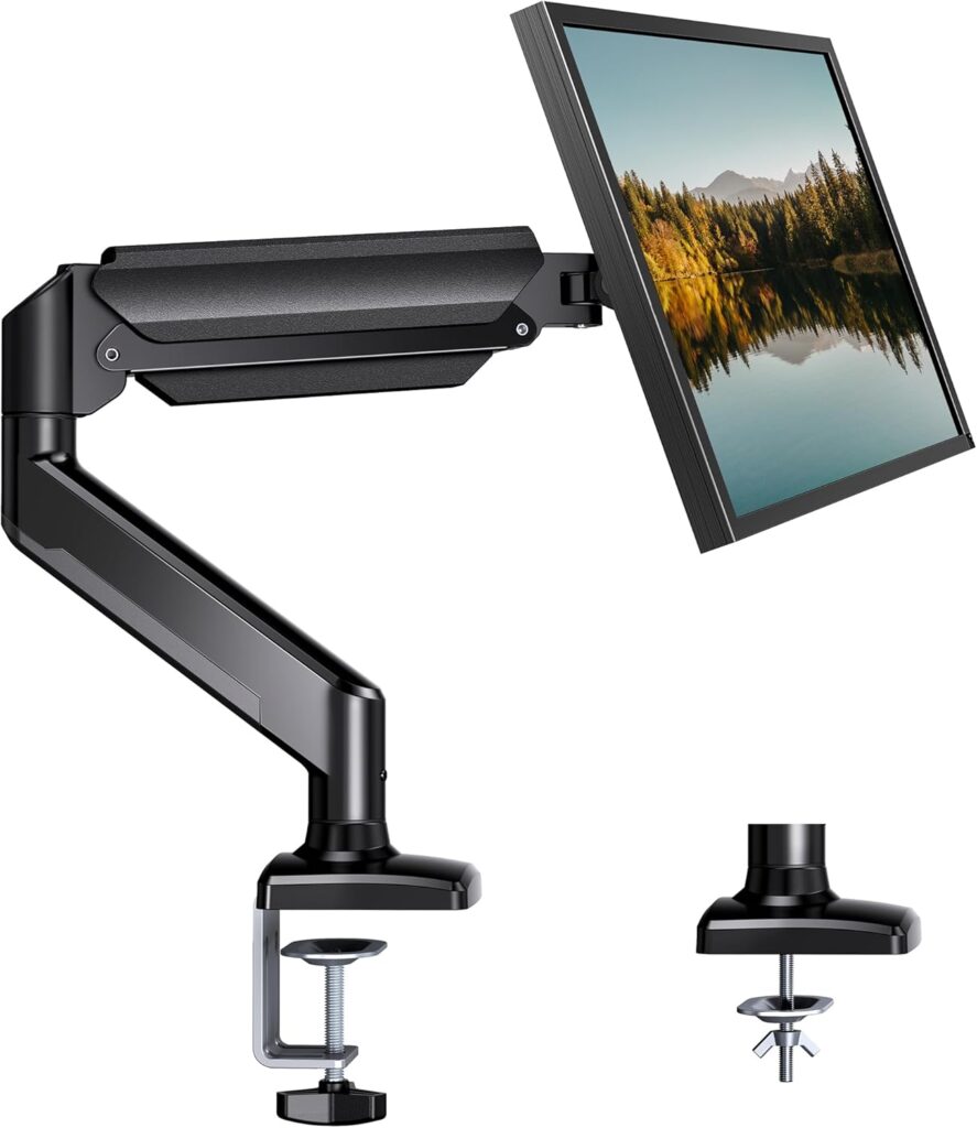 HUANUO Single Monitor Arm 13-34 Inch, Adjustable Gas Spring Arm, Monitor Desk Mount for 4.4-22lbs, VESA 75/100mm with C-Clamp/Grommet Base, Ergonomic Stand for Work/Gaming