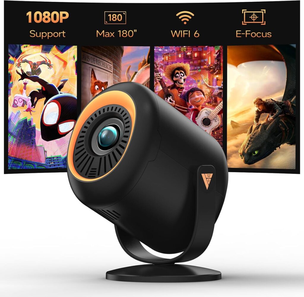 Mini Projector with WiFi and Bluetooth, Portable Projector Native 1080P Support 4k with 180° Adjustable Stand, Max 180″ Display Proyector Built-in Speakers