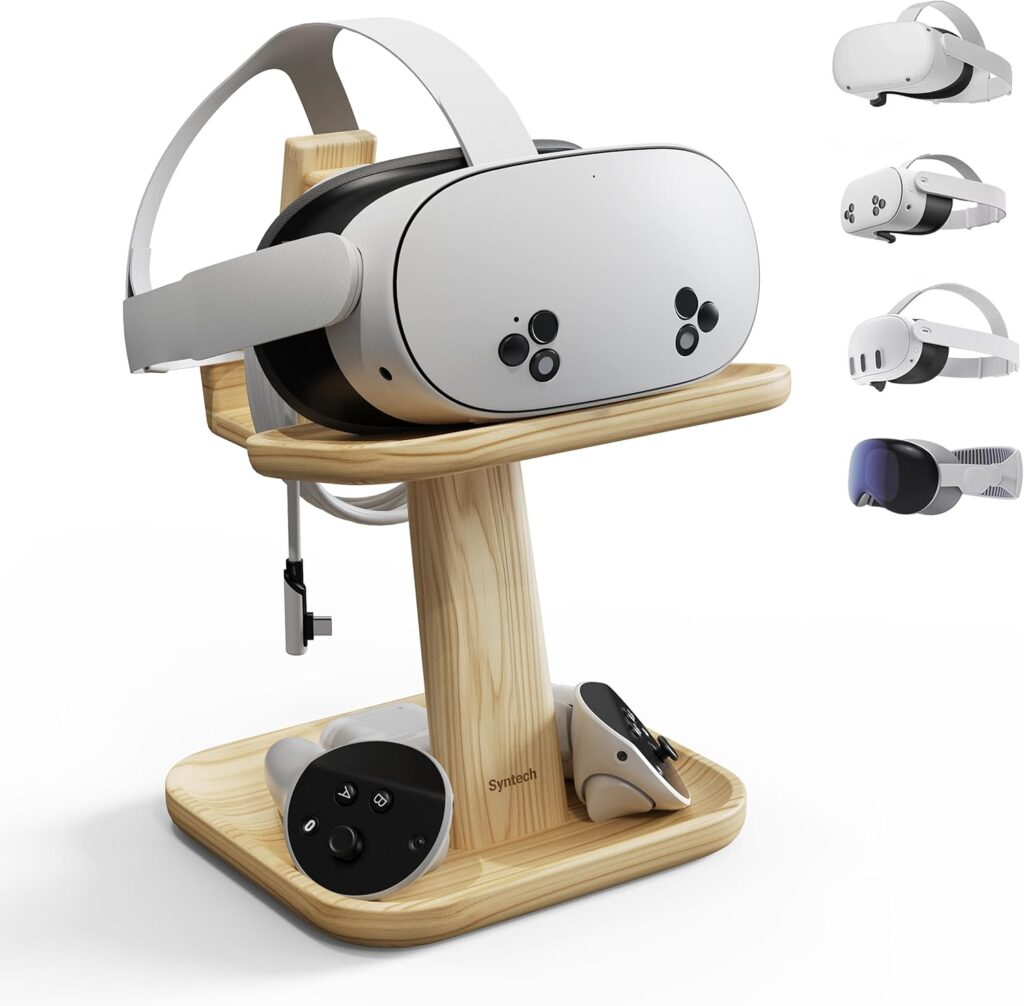 Syntech VR Stand Wood Compatible with Meta Quest 3s/3/2/VisionPro/Pico 4, Universal Quest3 Stand Holder with Storage Base for VR Accessories and Touch Controllers Accessories, Rubberwood