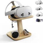 Syntech VR Stand Wood Compatible with Meta Quest 3s/3/2/VisionPro/Pico 4, Universal Quest3 Stand Holder with Storage Base for VR Accessories and Touch Controllers Accessories, Rubberwood