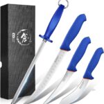 DRAGON RIOT 4 Piece Butcher Knife Set Brisket Trimming Set Include 6″ Boning Knife, 6″ Skinning Knife, 10″ Butcher Breaking Knife and 10″ Sharpening Steel