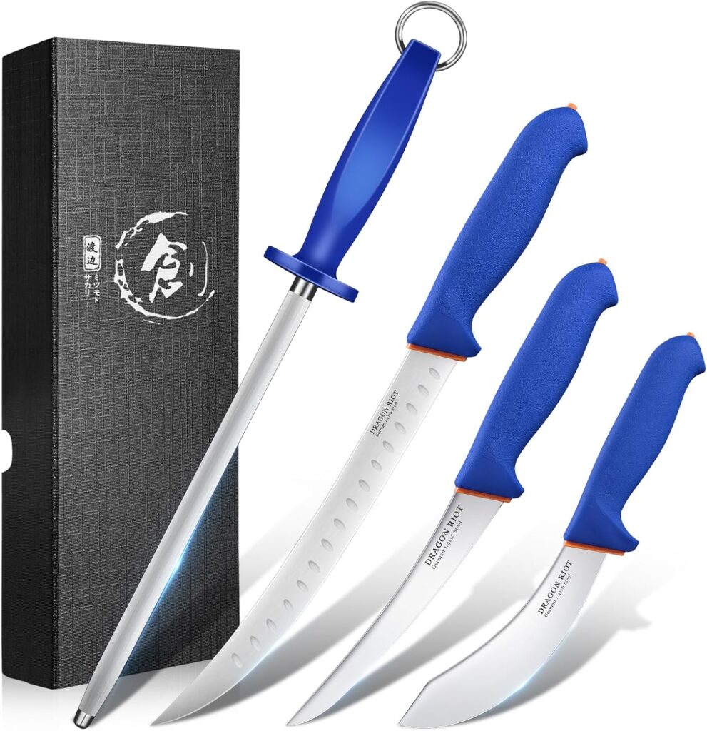 DRAGON RIOT 4 Piece Butcher Knife Set Brisket Trimming Set Include 6″ Boning Knife, 6″ Skinning Knife, 10″ Butcher Breaking Knife and 10″ Sharpening Steel