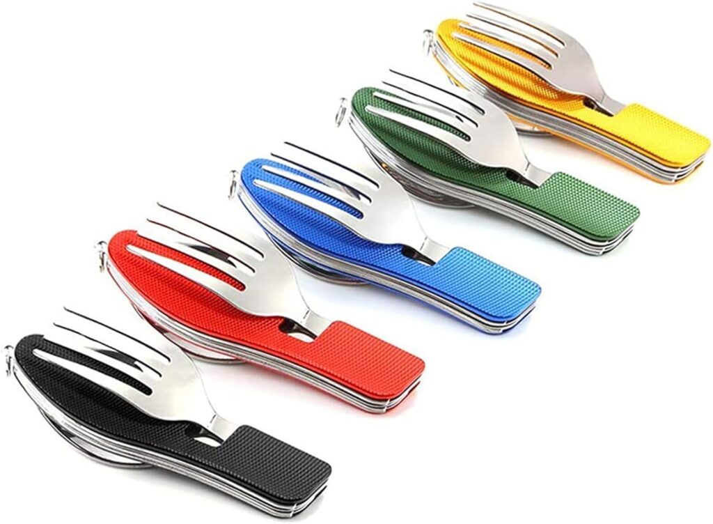 5 Pack Camping Utensils, 4-in-1 Portable Stainless Steel Cutlery with Fork, Spoon, Knife, and Bottle Opener – Lightweight, Detachable, and Durable Camping Silverware for Outdoor Events and Adventures