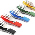 5 Pack Camping Utensils, 4-in-1 Portable Stainless Steel Cutlery with Fork, Spoon, Knife, and Bottle Opener – Lightweight, Detachable, and Durable Camping Silverware for Outdoor Events and Adventures