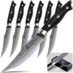 Steak Knives Set of 6, 4.8 Inch Non Serrated Razor-Sharp Durable Dinner knives with Rest, German Stainless Steel Damascus Pattern Full Tang Forged, Rust Resistant & Easy to Maintain