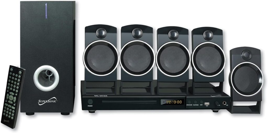 Supersonic SC-37HT 5.1 Surround Sound System, Home Theater with DVD/CD Playback, Karaoke, FM Radio, USB Input, 25W Speakers, Multi-Language Support, Remote Control Included