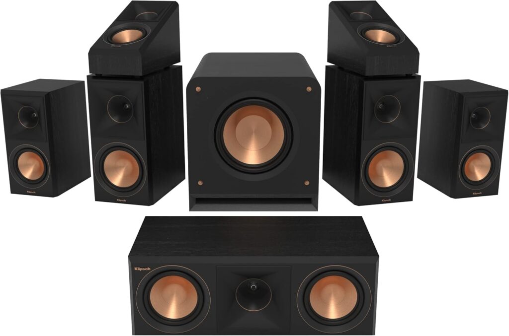 Klipsch Reference Premiere RP-600M II 5.1.2 Home Theater System with a Larger 90° x 90° Hybrid Tractrix Horn, 6.5″ Cerametallic Woofers and a 10-inch RP-1000SW Subwoofer in Ebony