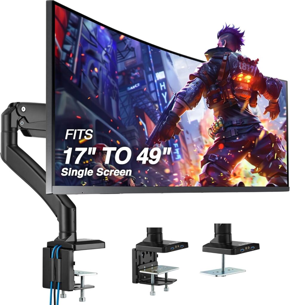 AVLT Single 17″-49″ Super Ultrawide Monitor Arm for Screens Up to 50 lbs, Premium Aluminum Desk Stand, Adjustable Pneumatic Height, Full Motion Swivel Tilt Rotation, USB 3.0 & AUX Ports, Black