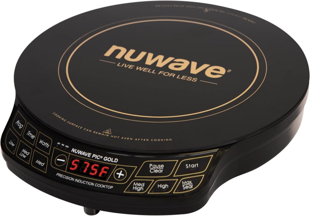 Nuwave Gold Precision Induction Cooktop, Portable, Large 8” Heating Coil, 12” Shatter-Proof Ceramic Glass Surface, 51 Temp Settings from 100°F – 575°F, 3 Watt Settings 600, 900, & 1500 Watts (Renewed)