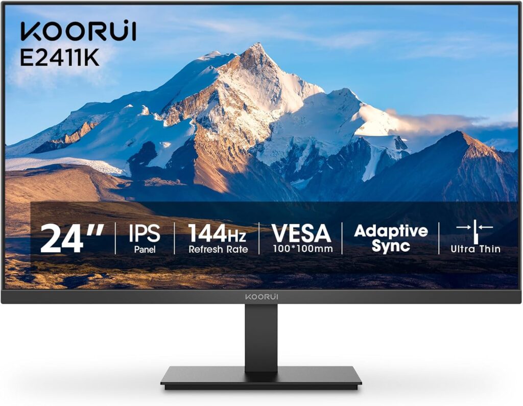 KOORUI 24 Inch Computer Gaming Monitor Full HD 1920 x 1080p 144Hz IPS Ultra-Slim Display with HDMI VGA, Adaptive Sync, 99% SRGB, VESA 100x100mm, Eye Care, Tilt, Black, E2411K