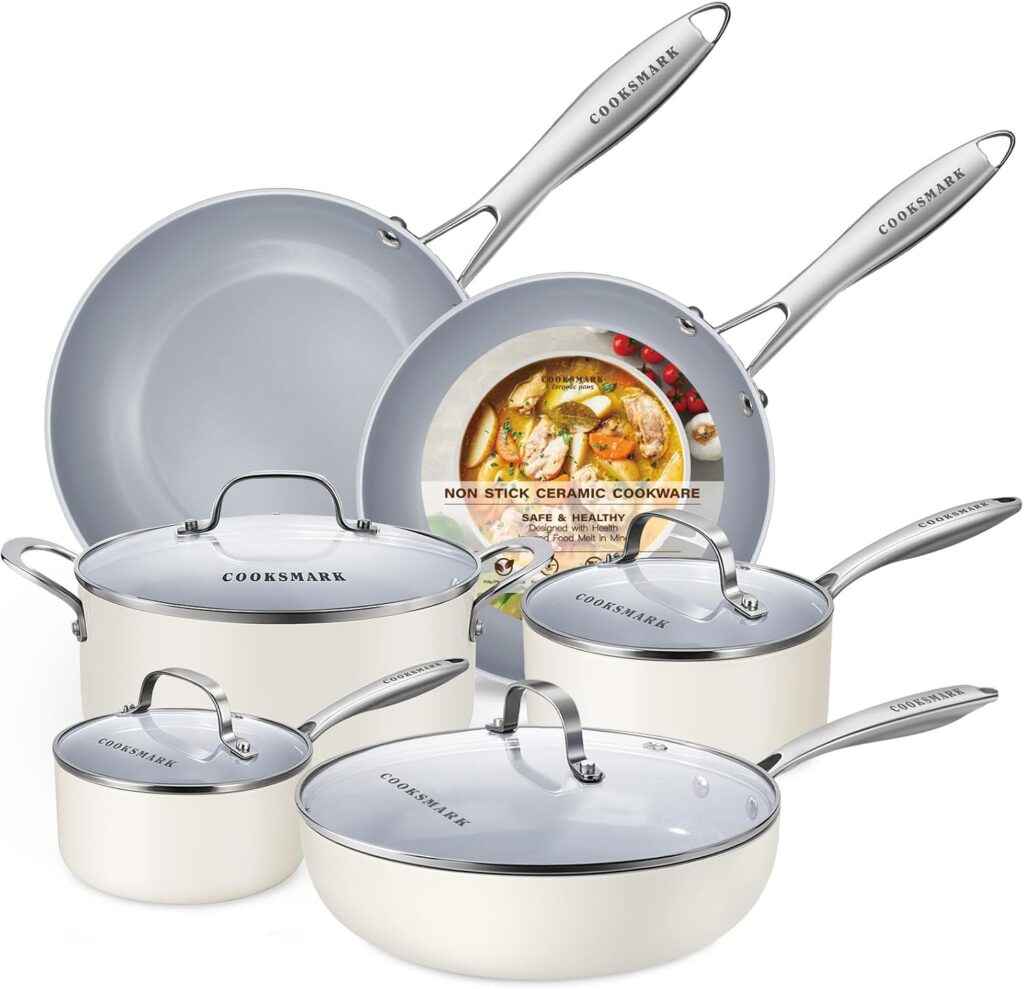10-Piece Ceramic Nonstick Cookware Set – PFOA-Free Pots and Pans with Glass Lids, Healthy Cooking Easy Clean, Induction Compatible & Oven Safe, Includes Frying Pan, Saucepan, Stockpot – Cream White