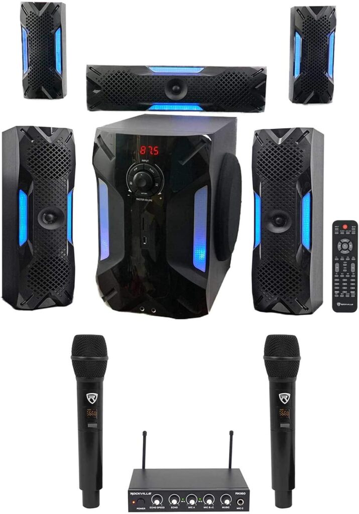 Rockville Hybrid Home Theater Karaoke Machine System w/8″ Sub+(2) Wireless Mics