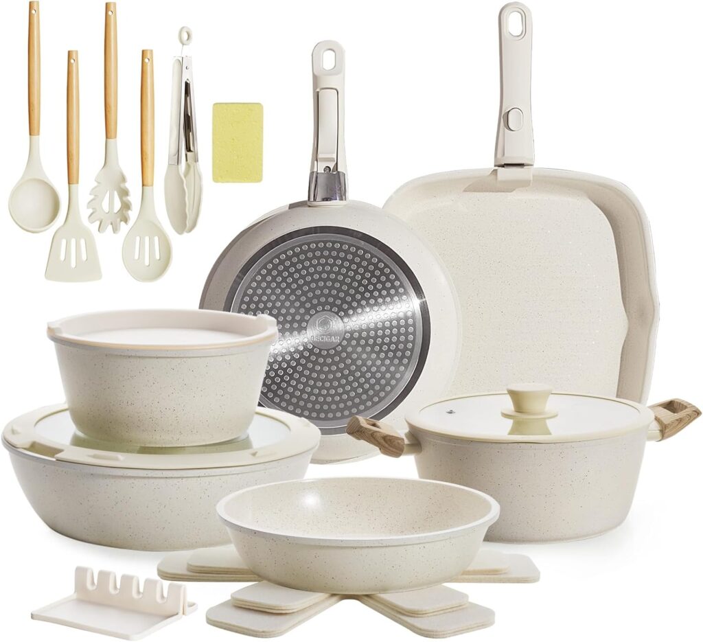 23pcs Ceramic Pots and Pans Set, Nonstick Detachable Handle Cookware, Induction Kitchen Cooking Set with Removable Handle,include Frying Pans & Saucepans Oven Safe, Induction, Stackable Set