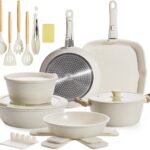 23pcs Ceramic Pots and Pans Set, Nonstick Detachable Handle Cookware, Induction Kitchen Cooking Set with Removable Handle,include Frying Pans & Saucepans Oven Safe, Induction, Stackable Set