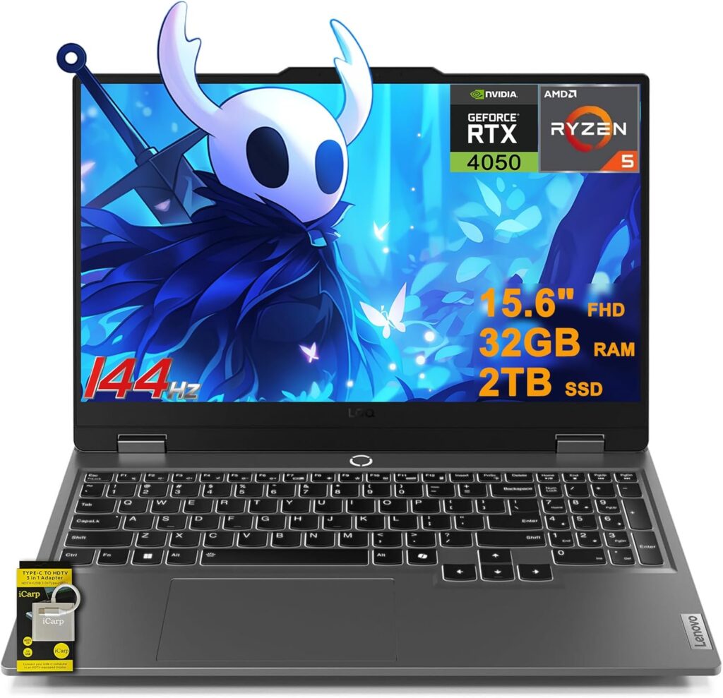 Lenovo LOQ Gaming Laptop 15.6″ FHD IPS 144Hz (100% sRGB G-SYNC) AMD Quad-core Ryzen 5 7235HS 32GB RAM 2TB SSD GeForce RTX 4050 Backlit Nahimic Privacy Camera Rapid Charge Win11 w/ICP Hub