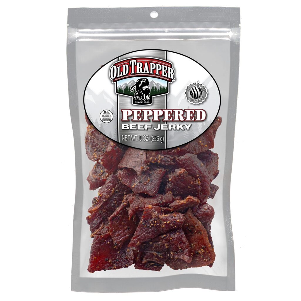 Old Trapper Beef Jerky, Peppered 8 Ounce Pack, Spicy Meat Snacks for Lunches or Between Meals, 11 Grams of Protein, Zero Grams of Fat, and 70 Calories per Serving (Pack of One)