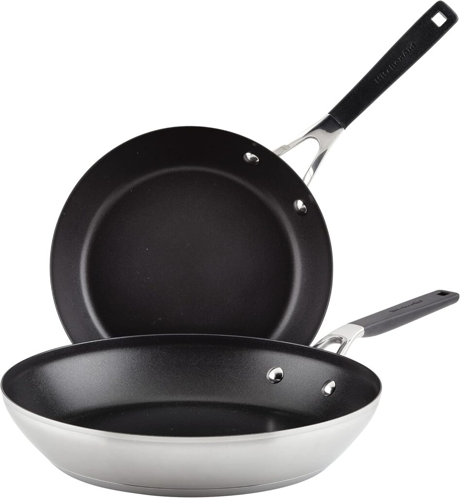 KitchenAid Stainless Steel Nonstick Frying Pans/Skillet Set, 9.5 Inch and 12 Inch – Brushed Stainless Steel