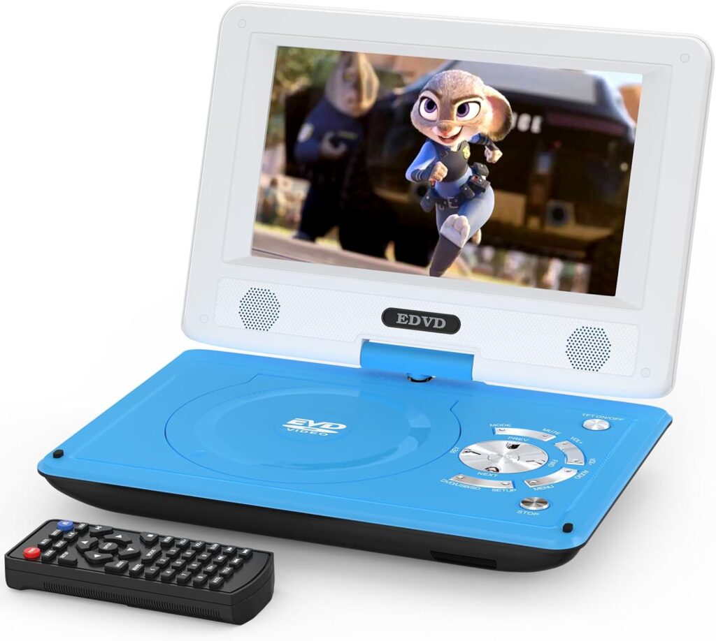 11.5″ Portable DVD Player for Kids and Car, 9.5″ Swivel HD Screen with 4-6 Hours Built-in Battery, Support Sync Screen to TV, Support SD Card/USB/Multiple Disc Formats (Blue)