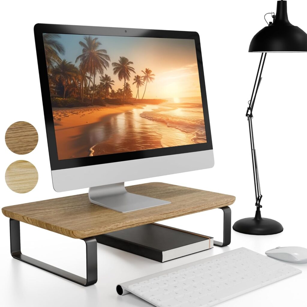 Beautiful Wooden Monitor Stand for Desk – Sturdy Stand Rises Your Monitor to the Perfect Ergonomic Level – Sleek and Functional Computer/Laptop Rack Design Elevates Any Workspace & Maximizes Space