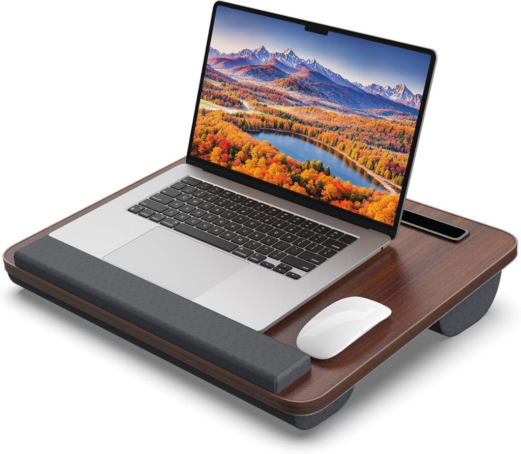 Portable Lap Desk, Laptop Stand for Bed with Soft Wrist Rest, Tablet/Phone Slot, Fabric Handle, Laptop Bed Table with Cushion (Dark Brown)