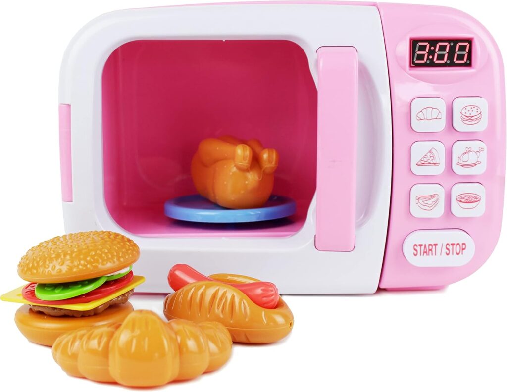 Boley Pink Microwave Playset – 11 Pc Light & Sound Pretend Play Kitchen Toys Set with Play Food for Kids Ages 3+