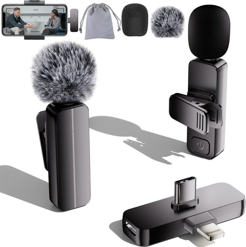 2 Pack Wireless Mini Lavalier Lapel Microphone for iPhone,Android Phone(2 in 1) – 65ft Cordless Clip on Dual Mics with Noise Reduction 6H Working Time for Video Recording Vlogging, YouTube,(Black)