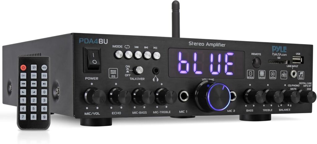 Pyle 200W Wireless Bluetooth Home Stereo Amplifier – Multi-Channel Audio Receiver with Optical – Phono – Coaxial – FM – USB/SD – AUX – RCA – 2 Mic Inputs – ‘Talk-Over’ – Antenna – Remote – PDA4BU