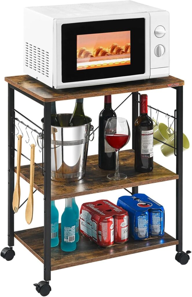 Mr IRONSTONE Microwave Cart 23.7” for Small Space, 3-Tier Microwave Stand Coffee Cart Rolling Kitchen Utility cart on Wheels, Rustic Brown
