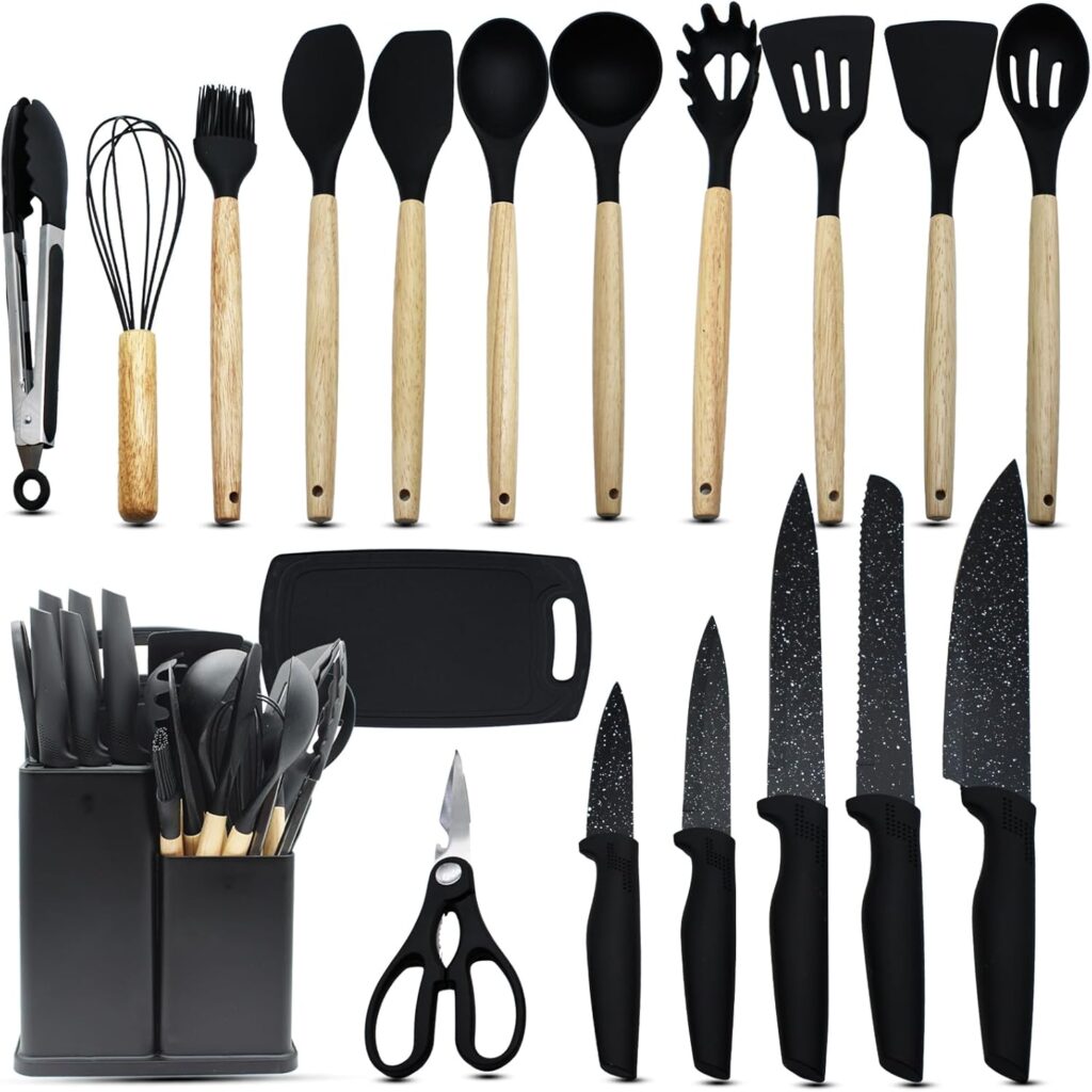 Magicorange 19pcs Kitchen Knife Set – Kitchen Utensils Set for Cooking, Sharp Black Cooking Knives Chef Knife Set for Cutting Meat & Vegetable (Black)