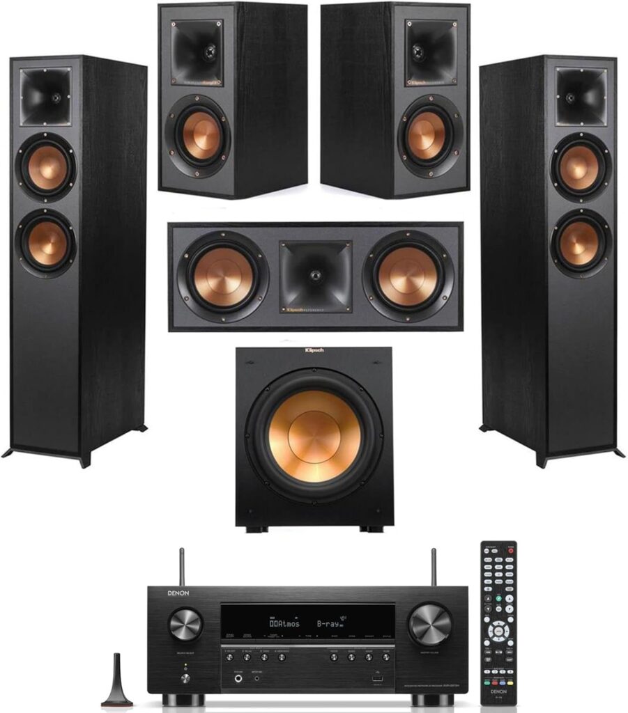 Klipsch Reference 5.1 Home Theater System with 2X R-625FA Floorstanding Speaker, R-12SW Subwoofer, R-52C Center Channel, R-41M Bookshelf Speaker and Denon AVR-S970H 7.2-Channel 8K Network AV Receiver