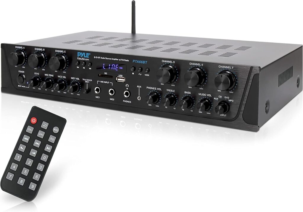 Pyle Wireless Home Audio Amplifier System – Bluetooth Compatible Sound Stereo Receiver Amp, 6 Channel 600W Power, Digital LCD, Headphone Jack, 1/4” Microphone IN USB SD AUX RCA FM Radio – PTA66BT.6