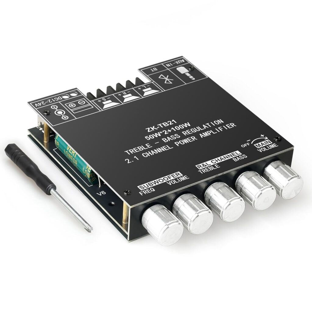 ZK-TB21 Power Amplifier Board Bluetooth5.1 TPA3116 Chip with Subwoofer 2.1 Channel 50W×2+100W, DC 12-24V Bluetooth and AUX Inputs