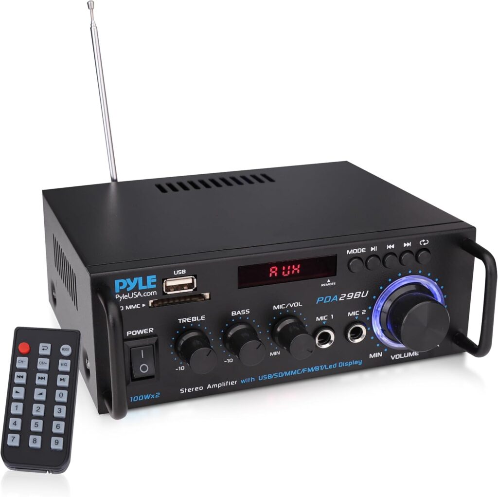 Pyle 200W Stereo Power Amplifier with Bluetooth – Dual Channel Audio Receiver – LED Display – RCA – USB – SD – MIC IN – FM Radio – AUX Input – Perfect for Home & Computer Audio – PDA29BU.5