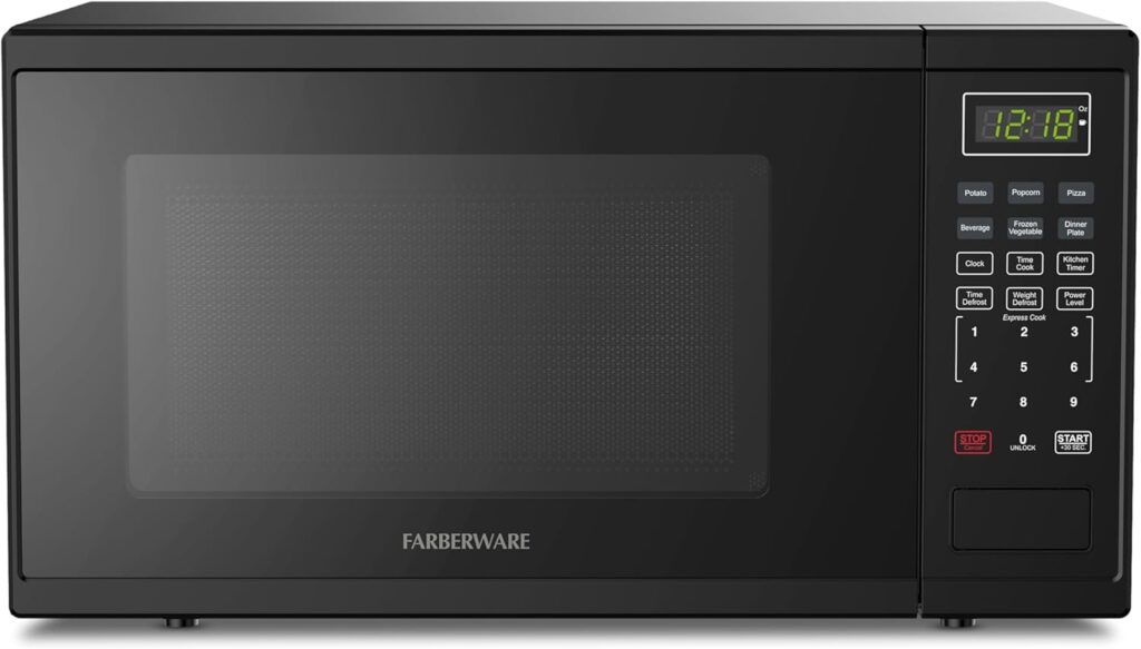 Farberware 1.1 Cu. Ft. Countertop Microwave Oven – 1000 Watts Power, Auto Cook Settings, Defrost, Easy Clean and Child Safety Lock-Black